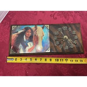 Used Vintage Western Native American Woman and Horse Wood Wall Clock Rustic Deco